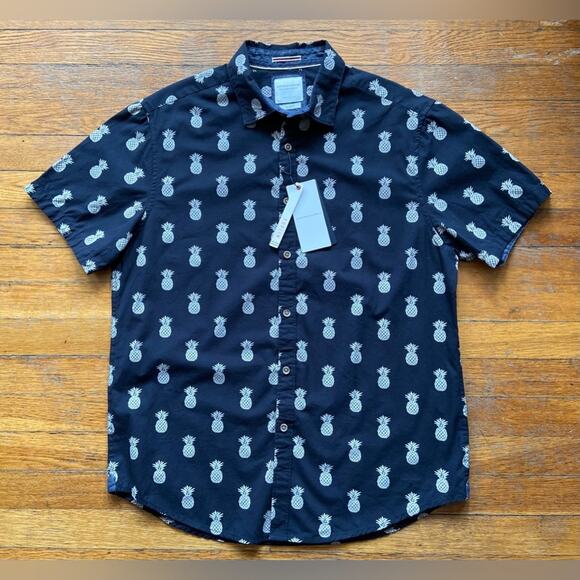 DENIM & FLOWER Ricky Singh Slim-Fit Navy w/White Pineapple Shirt sz L (NWT) - Picture 2 of 7